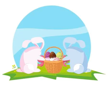 Cute rabbits couple with eggs painted in basket Ilustração Stock
