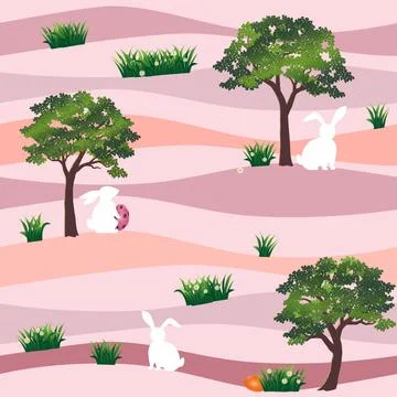 Cute rabbits with easter eggs in the garden seamless pattern on pastel backgr Stock Illustration
