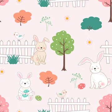 Cute rabbits with easter eggs in the garden seamless pattern for kid product, Stock Illustration