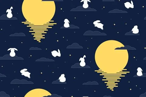 Cute rabbits, full moon, clouds seamless pattern Stock Illustration