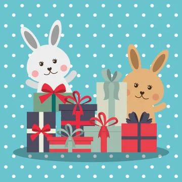 Cute rabbits with stacked gift boxes on dots background 스톡 일러스트