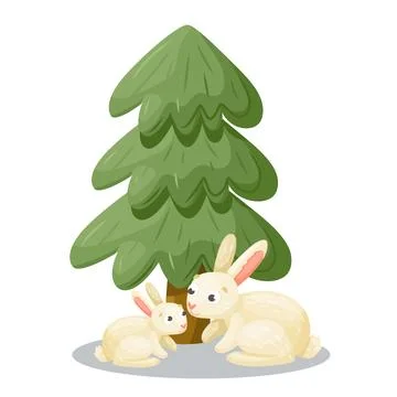 Cute rabbits under tree. Vector illustration. Illustrazione stock