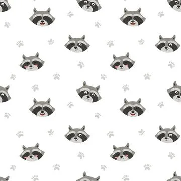 Cute raccoon seamless pattern design, flat vector illustration on white. Stock Illustration