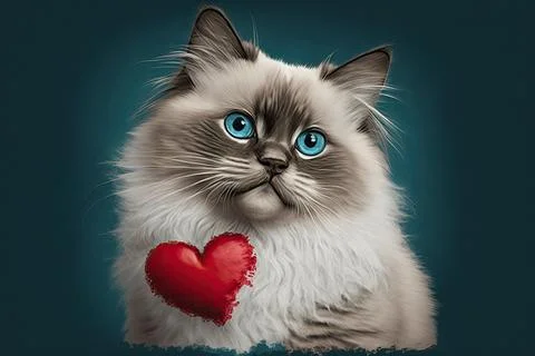 Cute Ragdoll, isolated on a background with red hearts Stock Illustration