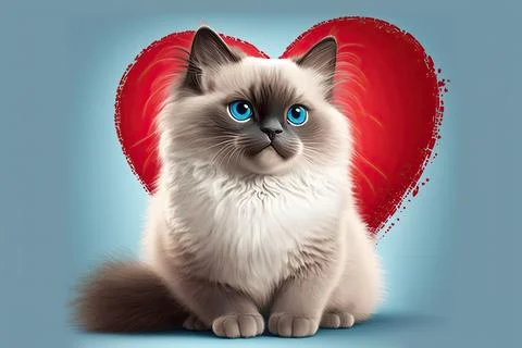 Cute Ragdoll, isolated on a background with red hearts Stock Illustration