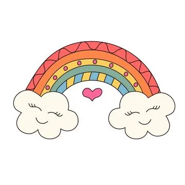 Cute rainbow character with clouds. Groovy retro hippie psychedelic clipart. Stock Illustration
