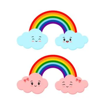 Cute rainbow with clouds boy and girl vector icon set isolated on white Stock Illustration