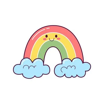 Cute rainbow with clouds illustration in hand drawn kawaii style Stock Illustration