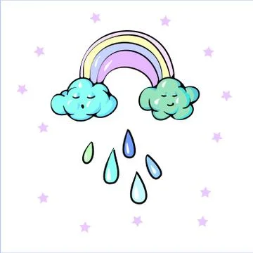 Cute Rainbow Clouds Sun Raining drops Pastel Spring Vector Illustration Stock Illustration