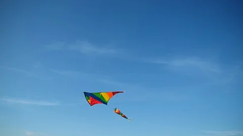 Cute rainbow kite floating in air on blue skyscape on sunny day. Flying snake in Stock Footage 114317461