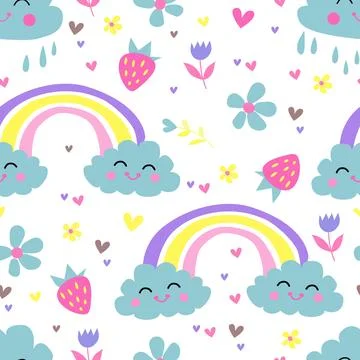 Cute Rainbow seamless pattern. Vector hand drawn rainbow in cartoon Flat st.. Stock Illustration