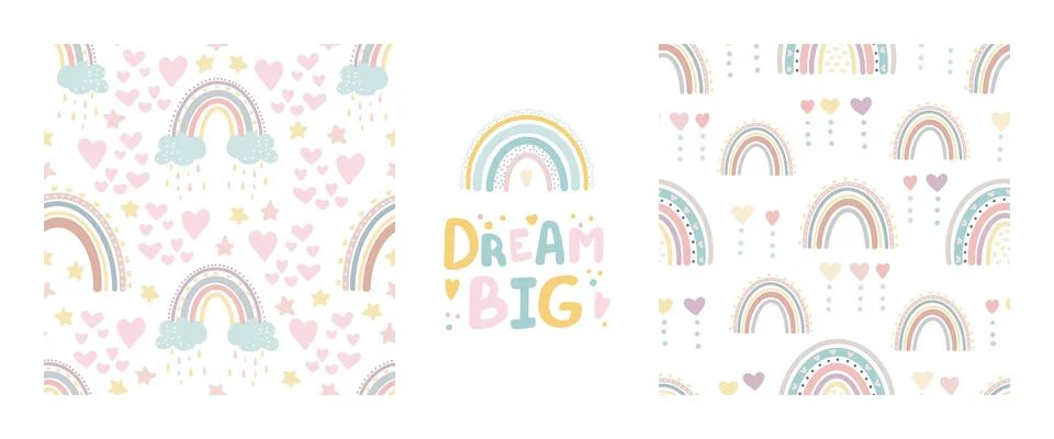 Cute rainbow seamless patterns set and lettering - dream big. Digital papper Stock Illustration