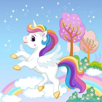 Cute rainbow sky unicorn vector isolated illustration Stock Illustration