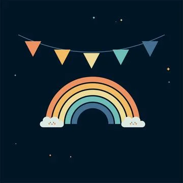 Cute rainbow with smiling clouds and colorful bunting against a dark night .. Stock-Illustration