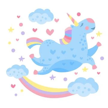 Cute Rainbow Unicorn in the Clouds. Vector Illustration Stock Illustration