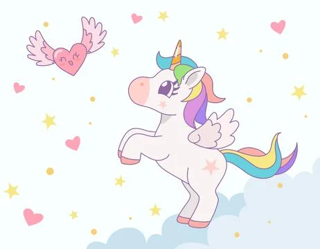 Cute rainbow unicorn jumping on the cloud with rainbow and star in the sky... Stock Illustration