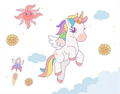 Cute rainbow unicorn jumping on the cloud with rainbow and star in the sky... Stock Illustration