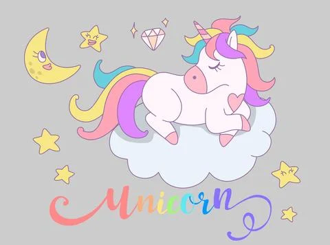 Cute rainbow unicorn sleeping on clouds with rainbow. Vector design illustr.. Stock Illustration