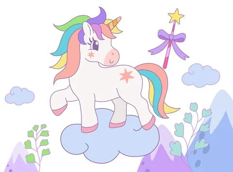 Cute rainbow unicorn standing on the cloud with magic wand in the sky Stock Illustration