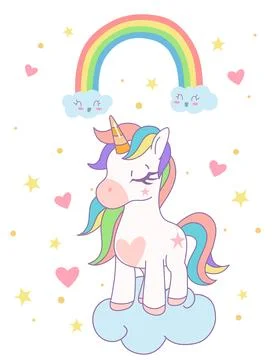 Cute rainbow unicorn standing on the cloud with rainbow and star in the sky.. Stock Illustration
