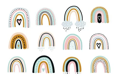 Cute rainbow vector set background with hearts, drops, clouds and other design Stock Illustration