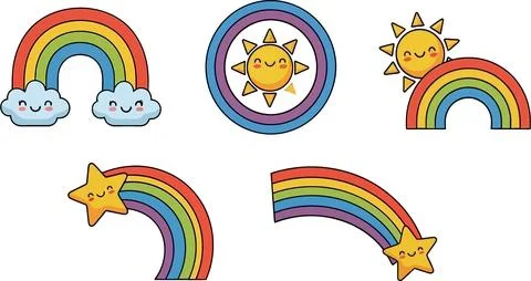 Cute Rainbows and Sun Illustrations: Clouds, Stars, Circles イラスト素材