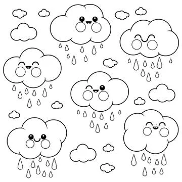Cute raining cloud characters. Black and white coloring book page Stock Illustration