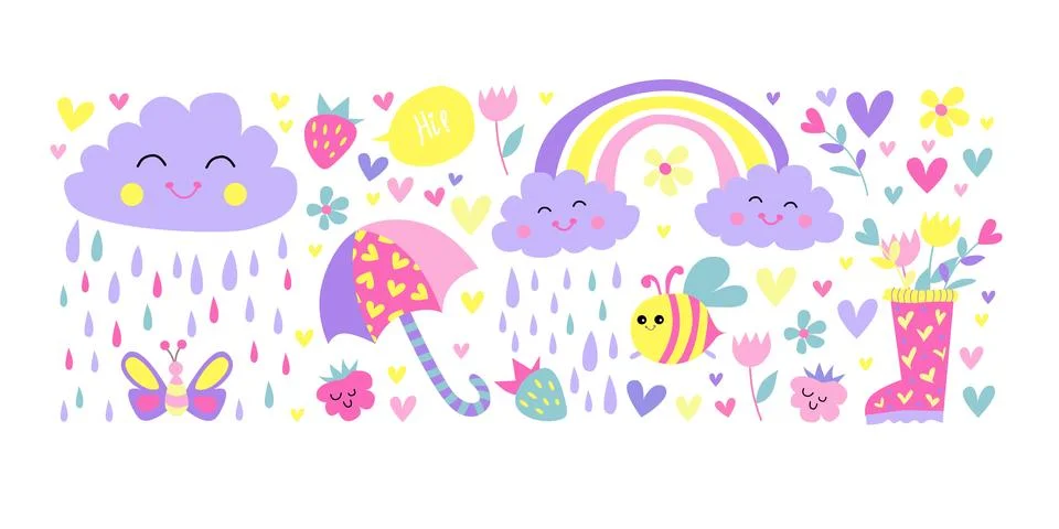 Cute rainy elements set. Childish flat vector illustration collection. Rainy 스톡 일러스트