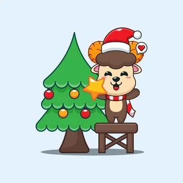 Cute ram decorating the Christmas tree on Christmas day. Stock Illustration