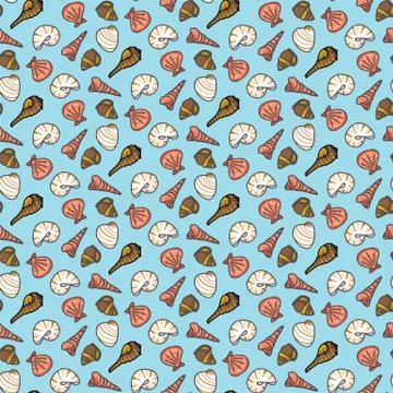 Cute random sea shell stripe cartoon seamless vector pattern. Hand drawn spiral Illustrazione stock