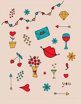 Cute random Valentine colored doodle background  Stock Illustration