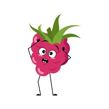 Cute raspberry character with emotions in a panic grabs his head, face, arms and Illustrazione stock