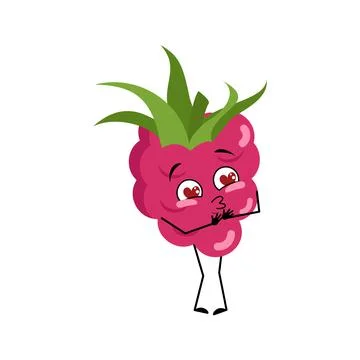 Cute raspberry character falls in love with eyes hearts, kiss face Stock Illustration