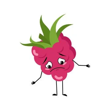 Cute raspberry character with sad emotions, downcast eyes, depressing face, arms Stock Illustration