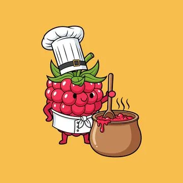 Cute Raspberry Chef Cooking Sweet Jam in Rustic Kitchen Pot Stock Illustration