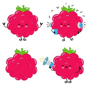 Cute raspberry fruit cartoon character set Stock Illustration