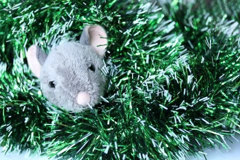Cute rat or mouse soft toy with green tinsel Stock Photos