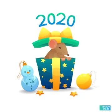 Cute rat peeks out of a gift box. Happy New Year. Stock Illustration