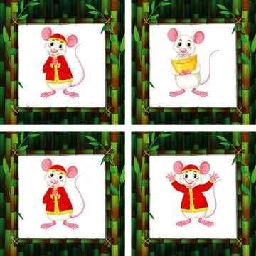 Cute rats in four different bamboo frames 스톡 일러스트