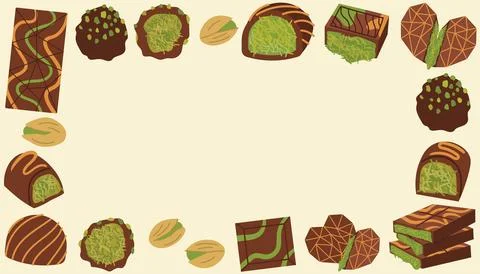 Cute rectangular border made of Dubai chocolate and candy with pistachio in.. Stock Illustration