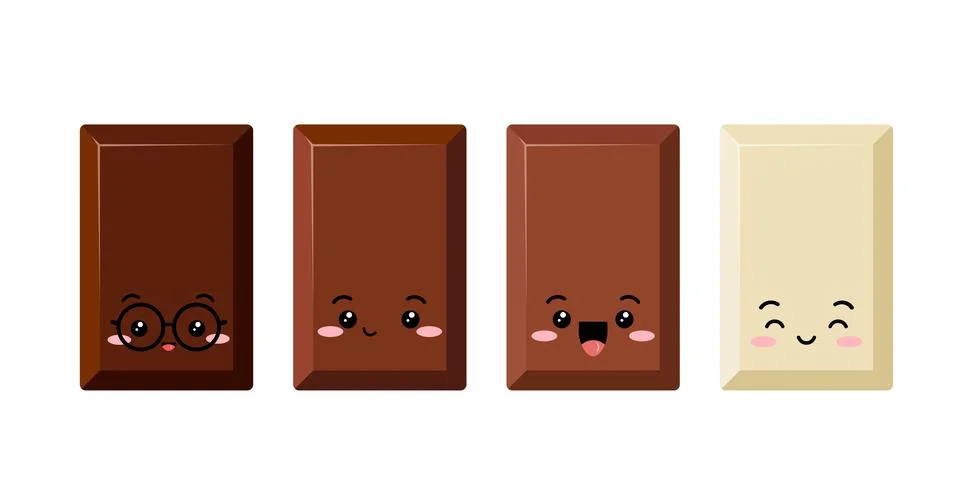 Cute rectangular chocolate bar piece kids emoji character vector set. Stock Illustration