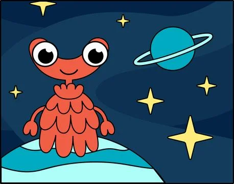 Cute red alien on blue planet in space. Cartoon, vector Illustrazione stock