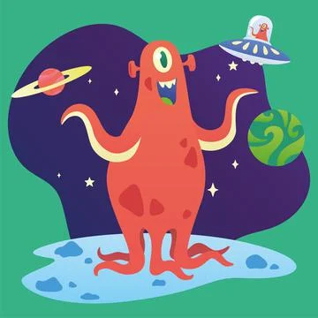 Cute red alien character with tentacles standing on a planet Vector Stock Illustration