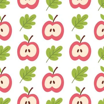 Cute Red Apple Half and Green Leaf Seamless Pattern Ilustração Stock