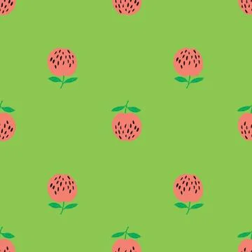 Cute red apples seamless pattern on green background. Botanical print. Illustrazione stock