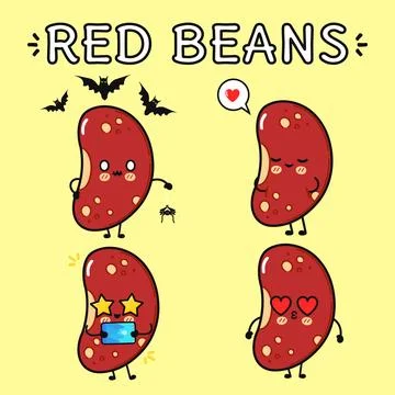 Cute red bean characters expressing different emotions and activities Stock-Illustration
