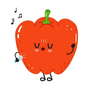 Cute red bell pepper character singing with microphone Stock Illustration