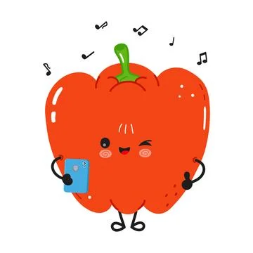 Cute red bell pepper character listening to music with smartphone Stock Illustration