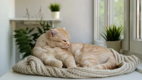 Cute red cat breed Scottish fold on a cozy beige chunky knit scarf. Pet lies on Stock Footage 158799296