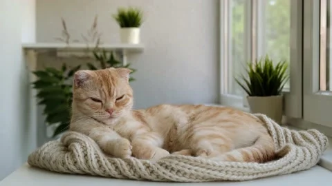 Cute red cat breed Scottish fold lying on a cozy beige chunky knit scarf and Stock Footage 166128372